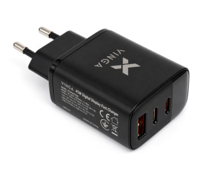 Vinga Зарядний пристрій Vinga 2xUSB-C + USB-A Display 45W (VCR45ACCDB)