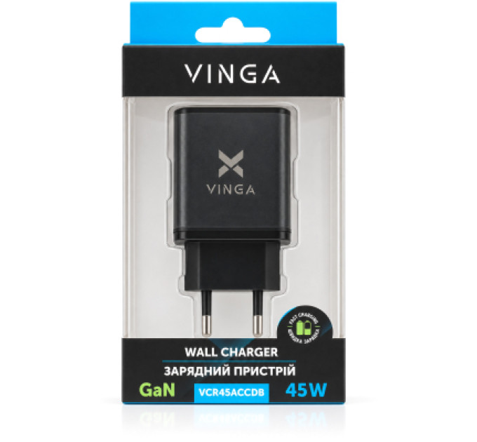 Vinga Зарядний пристрій Vinga 2xUSB-C + USB-A Display 45W (VCR45ACCDB)