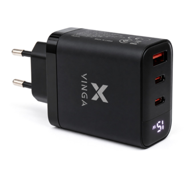 Vinga Зарядний пристрій Vinga 2xUSB-C + USB-A Display 65W (VCR65ACCDB)