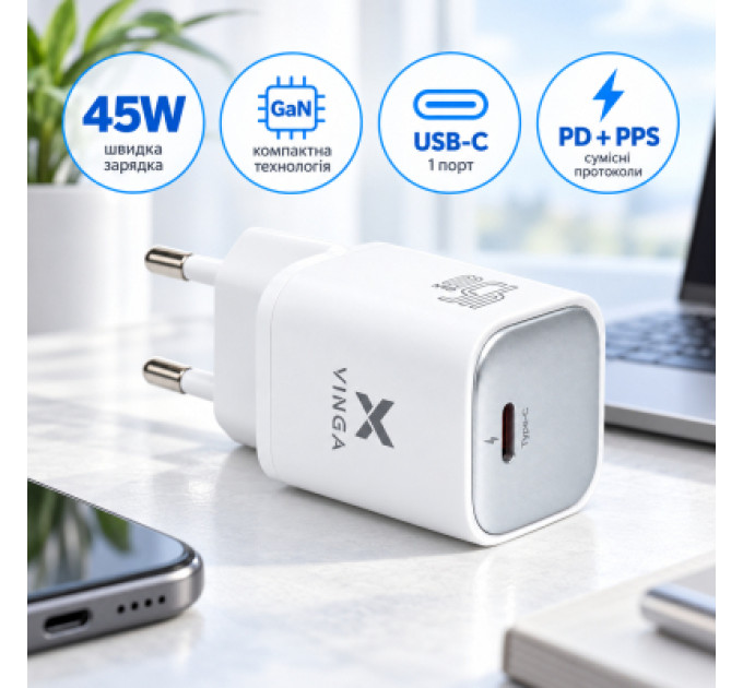 Vinga Зарядний пристрій Vinga USB-C PD PPS 45W (VCR45CB)