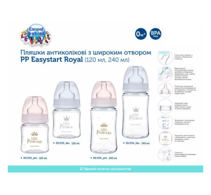 Canpol babies Пляшечка для годування Canpol babies Royal Baby з широким отвором 240 мл Рожева (35/234_pin)