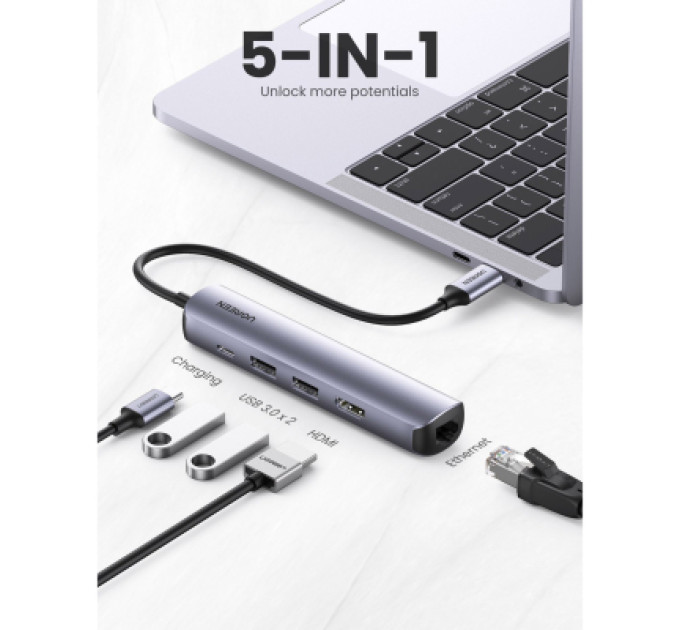 Ugreen Концентратор Ugreen USB3.0 Type-C to HDMI 4K30Hz/USB 3.0x2/RJ45/PD CM418 (10919)