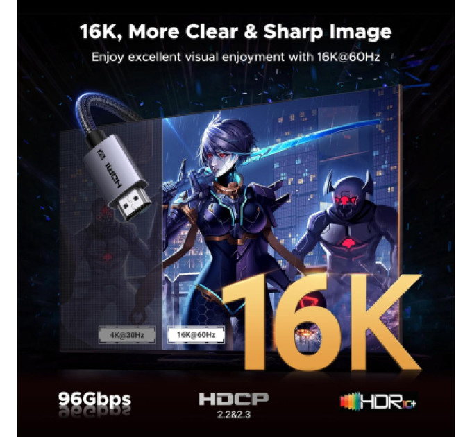 Ugreen Кабель мультимедійний UGREEN HDMI 16K Male to Male Aluminum Braid Cable 2m Ugreen (65900)
