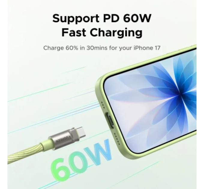 Ugreen Дата кабель UGREEN USB-C to USB-C PD Fast Charging Lanyard Cable 60W Max Green 1.2m Ugreen (35500)