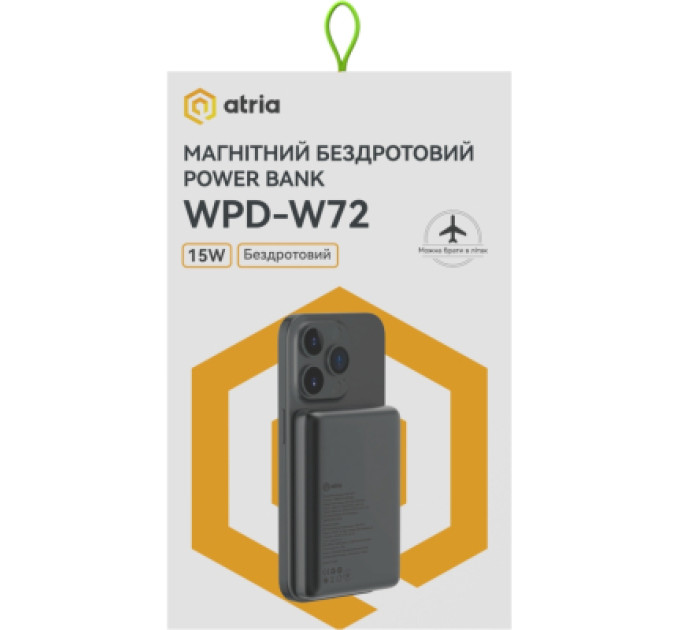 ATRIA Батарея універсальна Atria 10000mAh, PD/20W, 15W Wireless MagSafe, Black (WPD-W72B)