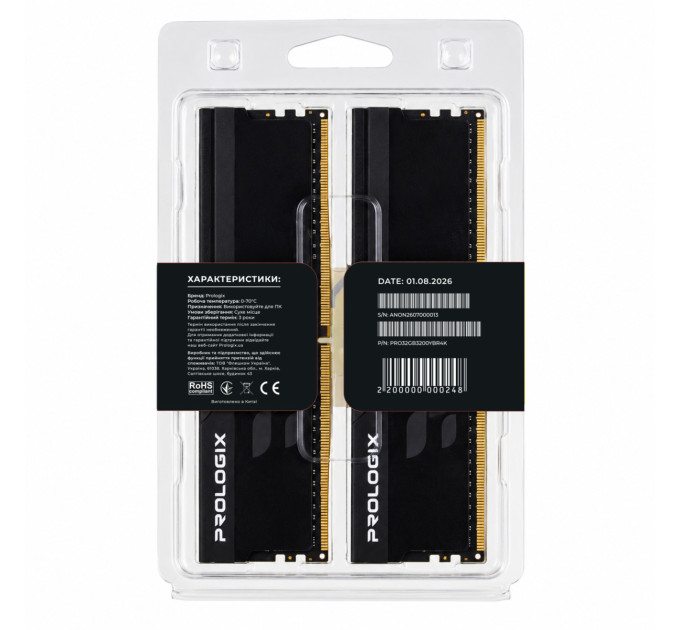 Prologix Модуль пам`ятi DDR4 2x16GB/3200 Prologix Onyx Black RGB (PRO32GB3200YBR4K)