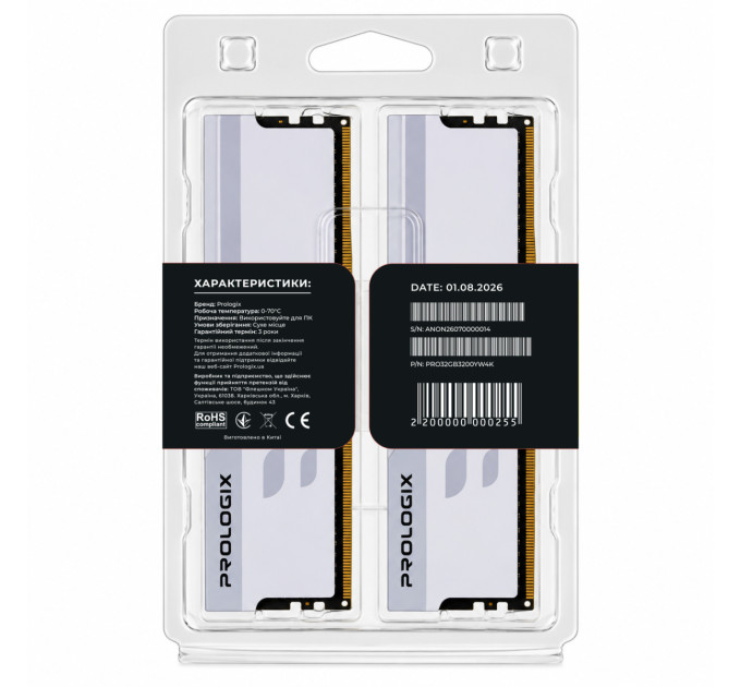 Prologix Модуль пам`ятi DDR4 2x16GB/3200 Prologix Onyx White (PRO32GB3200YW4K)