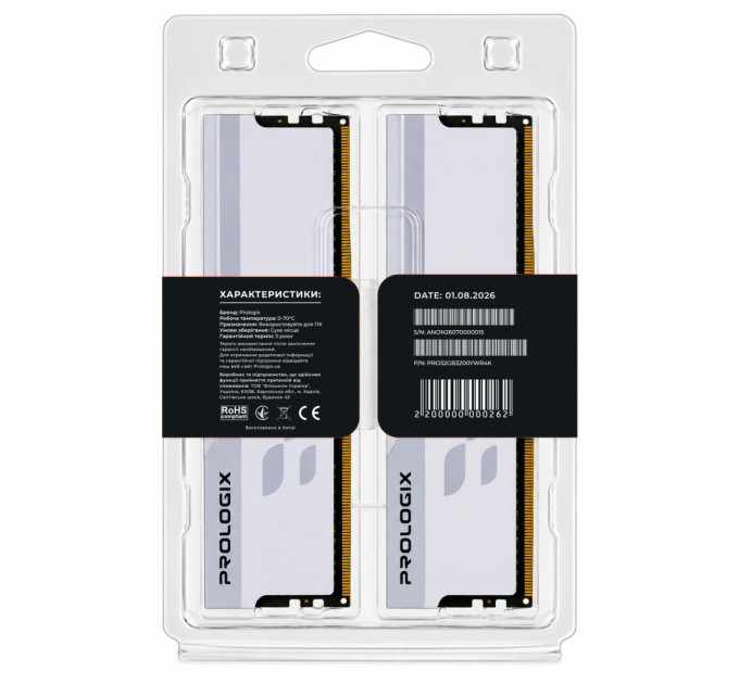 Prologix Модуль пам`ятi DDR4 2x16GB/3200 Prologix Onyx White RGB (PRO32GB3200YWR4K)