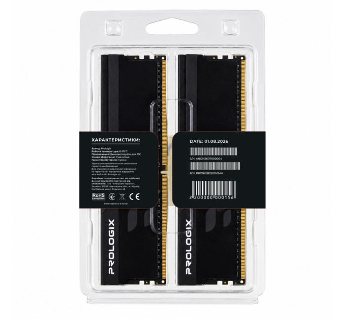 Prologix Модуль пам`ятi DDR4 2x8GB/3200 Prologix Onyx Black (PRO16GB3200YB4K)