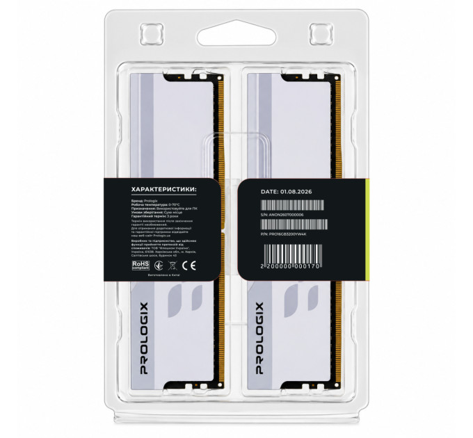 Prologix Модуль пам`ятi DDR4 2x8GB/3200 Prologix Onyx White (PRO16GB3200YW4K)
