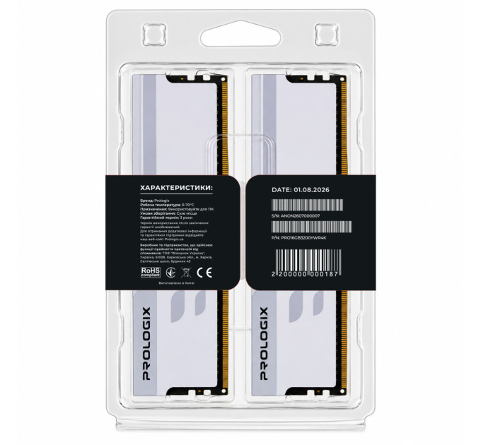 Prologix Модуль пам`ятi DDR4 2x8GB/3200 Prologix Onyx White RGB (PRO16GB3200YWR4K)