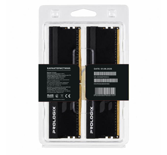 Prologix Модуль пам`ятi DDR5 2x16GB/6000 Prologix Onyx Black (PRO32GB6000YB5K)