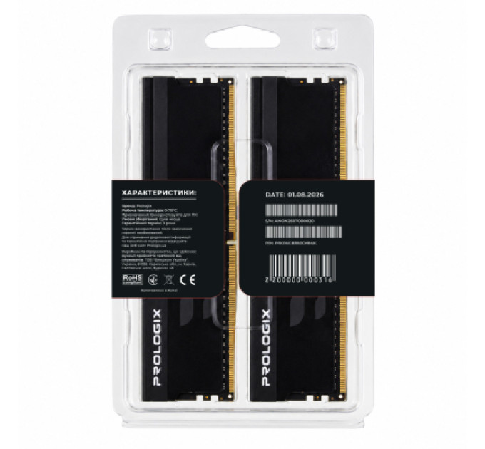Prologix Модуль пам'яті для комп'ютера DDR4 16GB (2x8GB) 3600 MHz Onyx Black Prologix (PRO16GB3600YB4K)