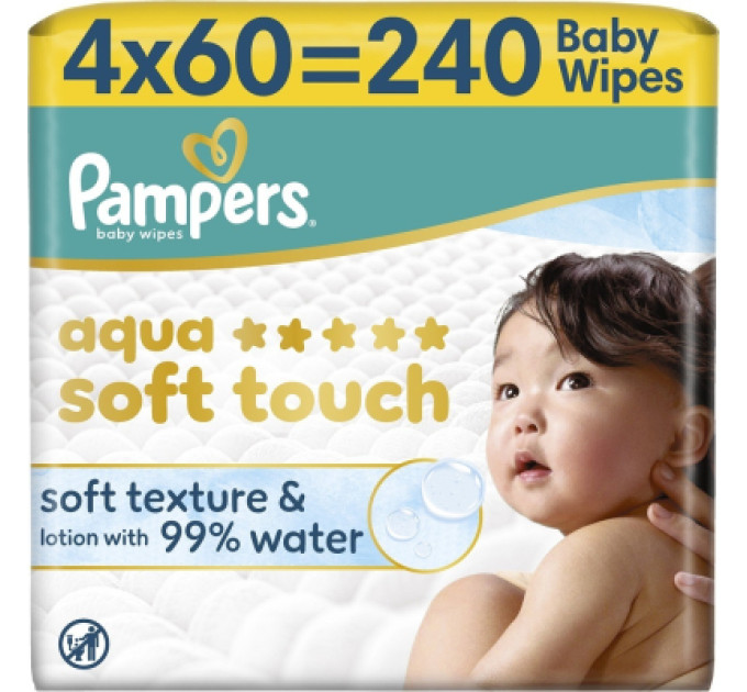 Pampers Дитячі вологі серветки Pampers Aqua Soft Touch 4 x 60 шт (240 шт) (8006530140027)