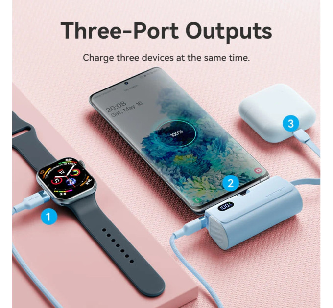 Vention Батарея універсальна VENTION 4800mAh 22,5W PD, USB-C In/Out, LED display, with built-in USB-C cable Black (FHQB0)