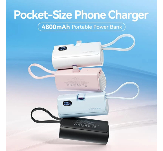 Vention Батарея універсальна VENTION 4800mAh 22,5W PD, USB-C In/Out, LED display, with built-in USB-C cable White (FHQW0)