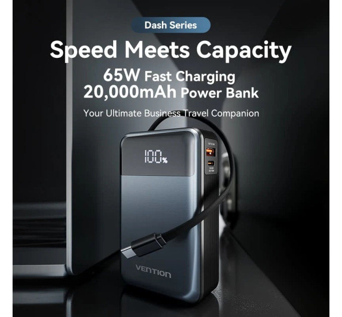 Vention Батарея універсальна Vention 20000mAh 65W 3A PD, QC/3.0, USB-A, Type-C OUT, with Built-in USB-C Cable, LED Display (FHYB0)