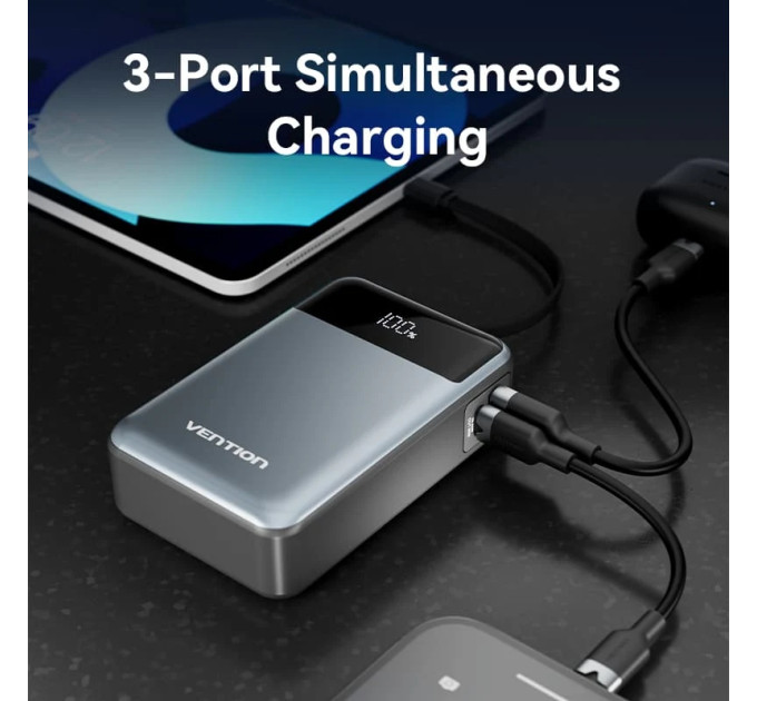 Vention Батарея універсальна Vention 20000mAh 65W 3A PD, QC/3.0, USB-A, Type-C OUT, with Built-in USB-C Cable, LED Display (FHYB0)