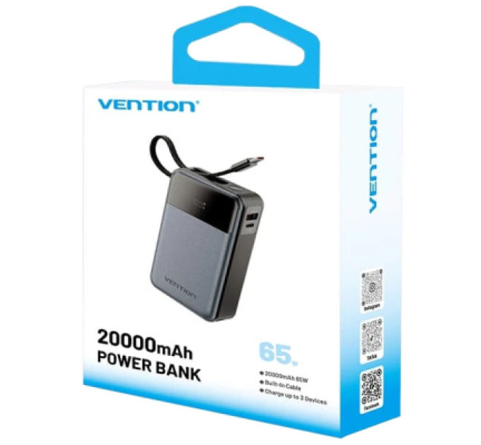 Vention Батарея універсальна Vention 20000mAh 65W 3A PD, QC/3.0, USB-A, Type-C OUT, with Built-in USB-C Cable, LED Display (FHYB0)