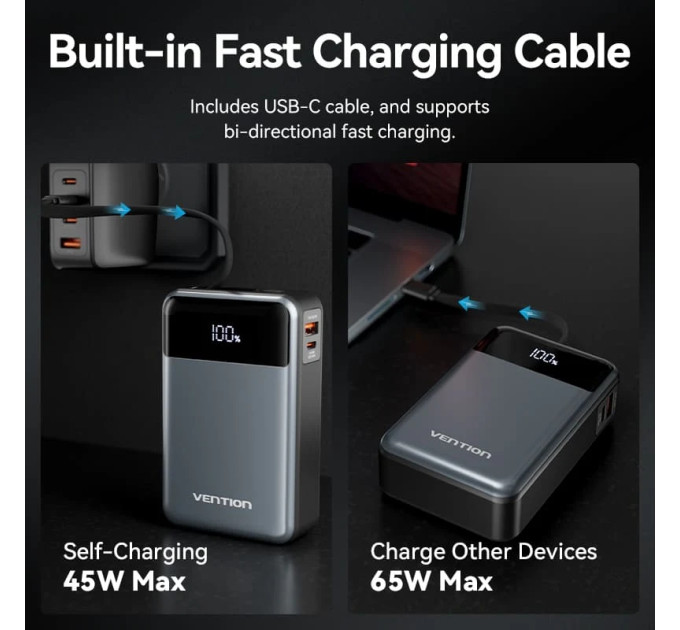 Vention Батарея універсальна Vention 20000mAh 65W 3A PD, QC/3.0, USB-A, Type-C OUT, with Built-in USB-C Cable, LED Display (FHYB0)