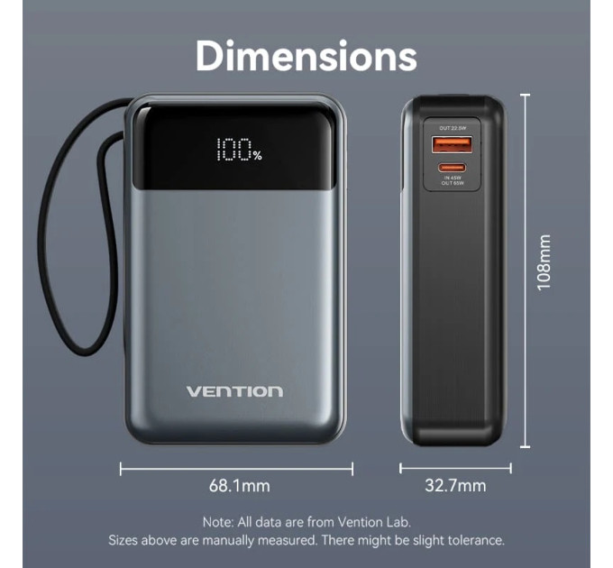 Vention Батарея універсальна Vention 20000mAh 65W 3A PD, QC/3.0, USB-A, Type-C OUT, with Built-in USB-C Cable, LED Display (FHYB0)