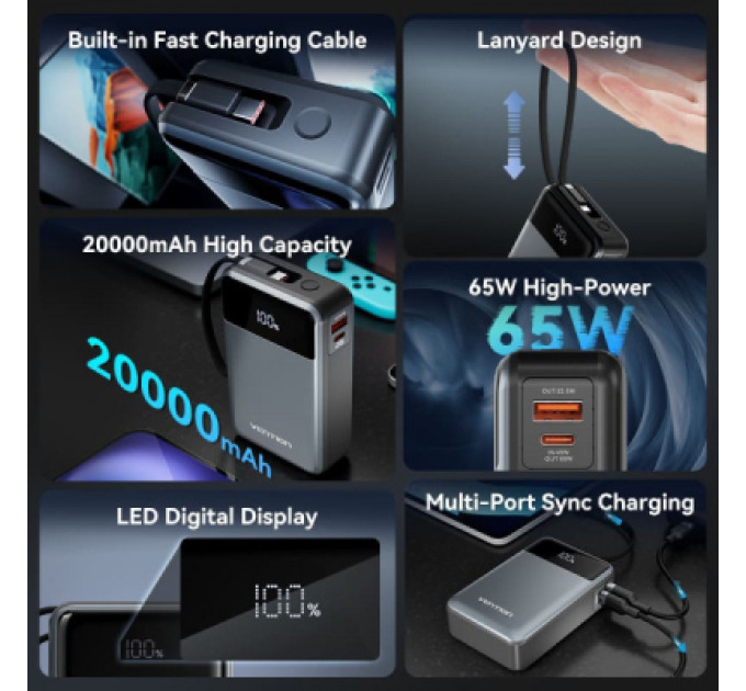 Vention Батарея універсальна Vention 20000mAh 65W 3A PD, QC/3.0, USB-A, Type-C OUT, with Built-in USB-C Cable, LED Display (FHYB0)