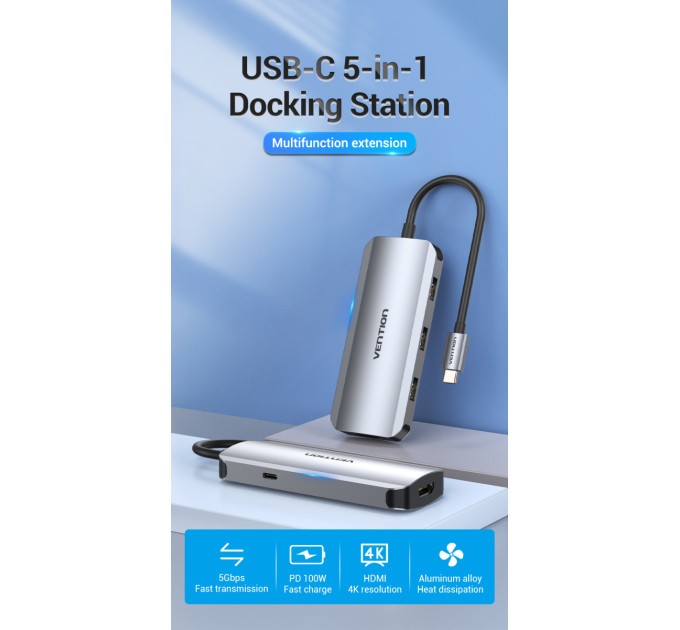 Vention Концентратор Vention USB3.1 Type-C --> HDMI/USB 3.0x3/PD 100W Hub 5-in-1 (TODHB)
