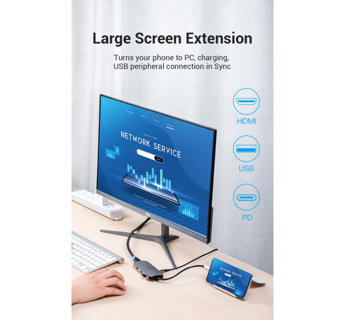 Vention Концентратор Vention USB3.1 Type-C --> HDMI/USB 3.0x3/PD 100W Hub 5-in-1 (TODHB)