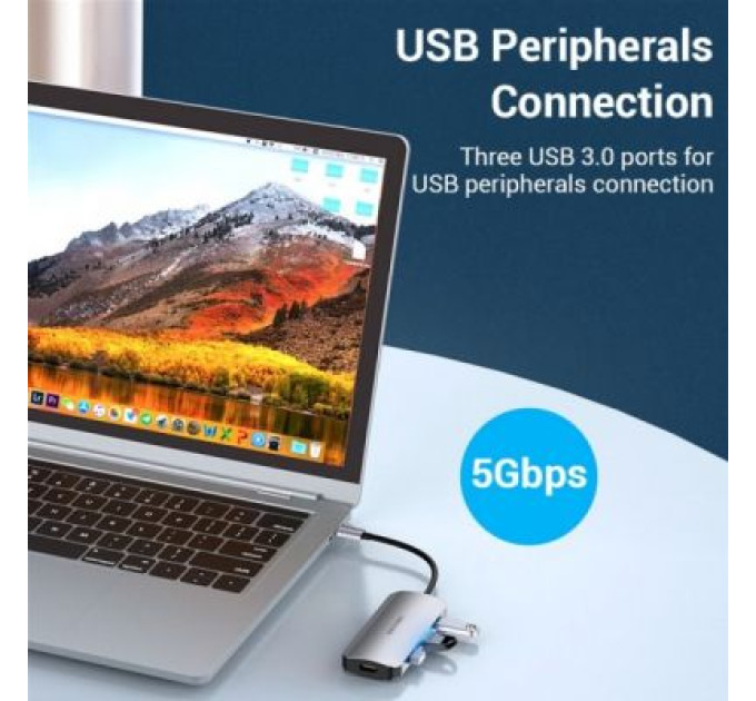 Vention Концентратор Vention USB3.1 Type-C --> HDMI/USB 3.0x3/PD 100W Hub 5-in-1 (TODHB)