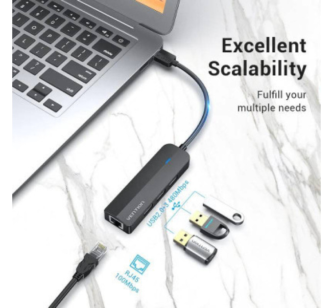 Vention Концентратор Vention USB 2.0 to 3хUSB 2.0 + RJ45 100M Ethernet (CHPBB)