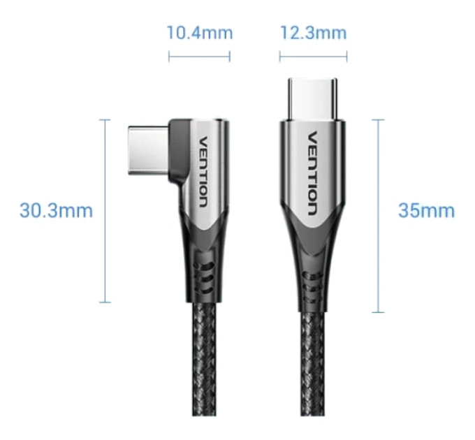 Vention Дата кабель USB-C to USB-C 0.5m USB2.0 60W (20V/3A) angle 90° Gray Aluminum Alloy Vention (TRAHD)