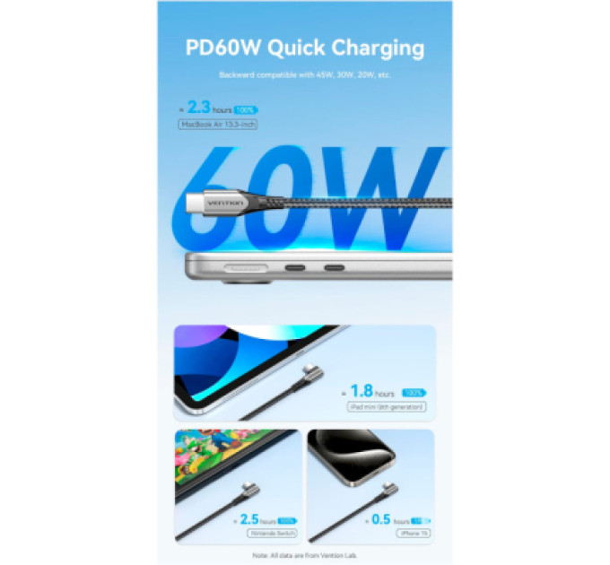 Vention Дата кабель USB-C to USB-C 0.5m USB2.0 60W (20V/3A) angle 90° Gray Aluminum Alloy Vention (TRAHD)