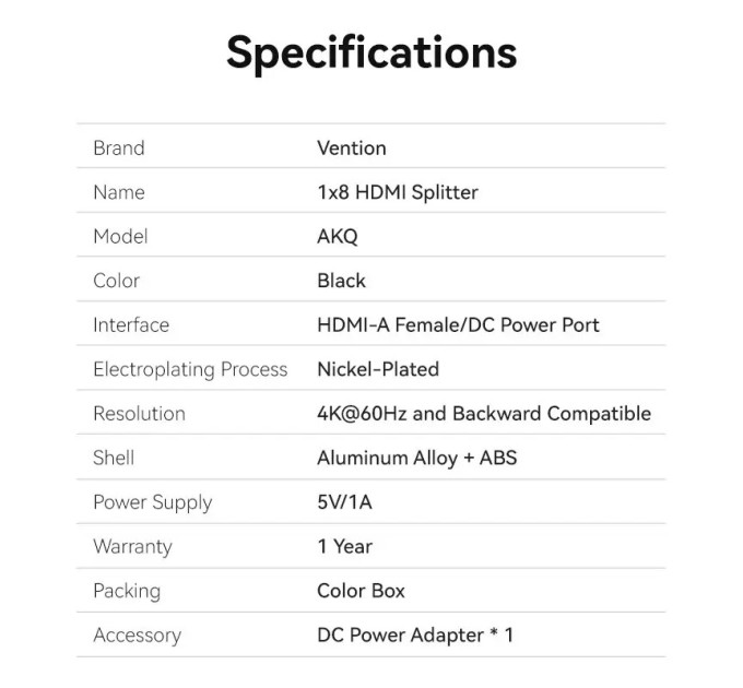 Vention Сплітер 4К 1*8HDMI Black Aluminum Alloy Type EU Standart (AKQB0-EU)