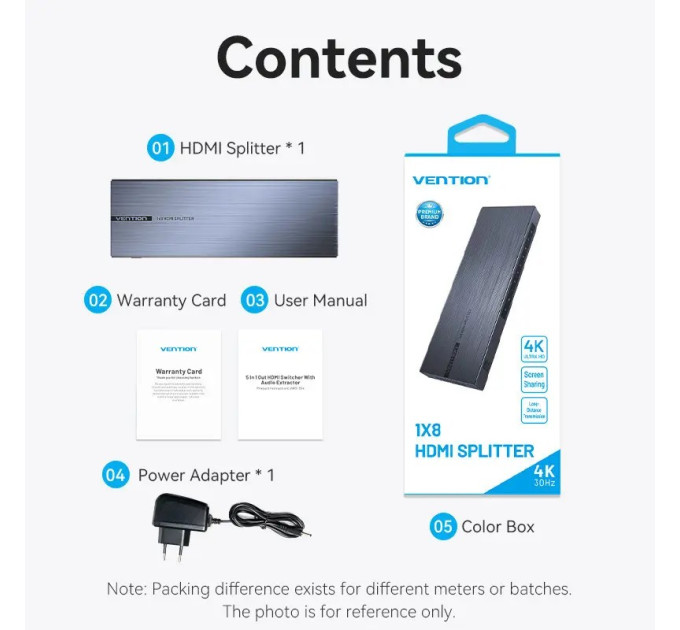 Vention Сплітер 4К 1*8HDMI Black Aluminum Alloy Type EU Standart (AKQB0-EU)