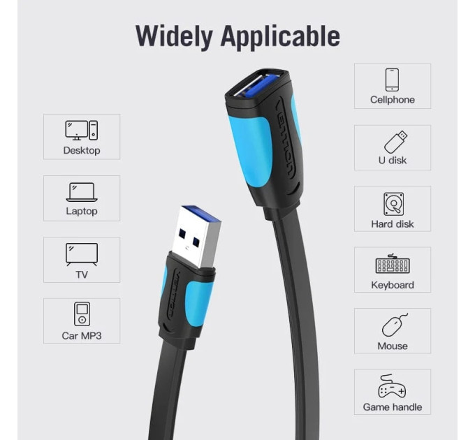 Vention Подовжувач Vention Flat USB - USB (M/F), 3 м, Black (VAS-A13-B300)