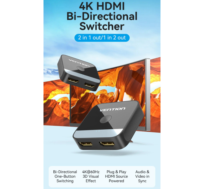 Vention Сплітер HDMI 2.0 UHD 4K 60Hz 3D, HDCP,1080P перемикач двонаправлений 2 IN 1 OUT Vention