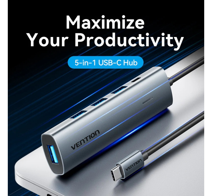 Vention Хаб USB 3.0 Type-C -> 4xUSB 3.0/1xUSB-C, 5Gbps, Black Vention
