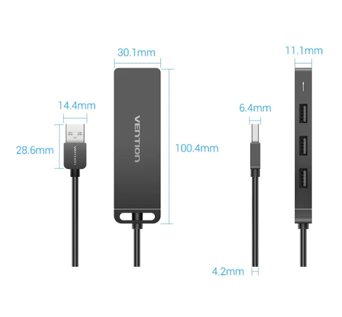 Vention Хаб USB 2.0 -> 4xUSB 2.0, 0.15м, Black Vention