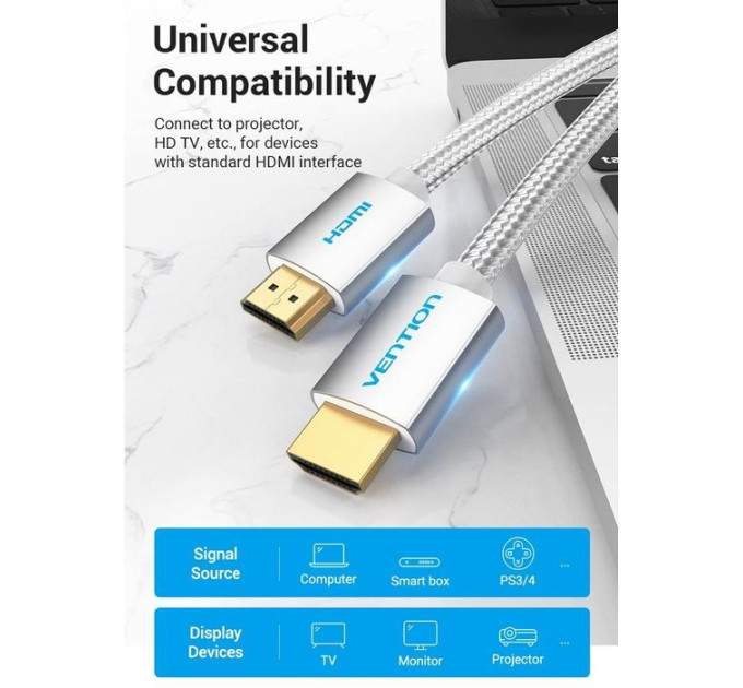 Vention Кабель HDMI M - M, 8.0м, V2.0, 4K 60Гц, обплетення, Silver Metal Type Vention