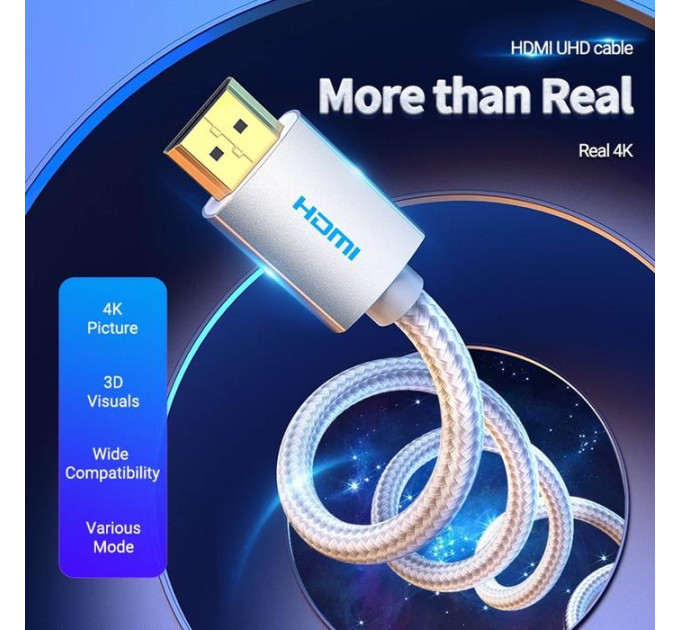 Vention Кабель HDMI M - M, 8.0м, V2.0, 4K 60Гц, обплетення, Silver Metal Type Vention