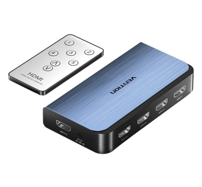 Vention Перемикач HDMI V2.0, 4K 60Гц 1x5 ports, з пультом ДК, голубий,  Vention
