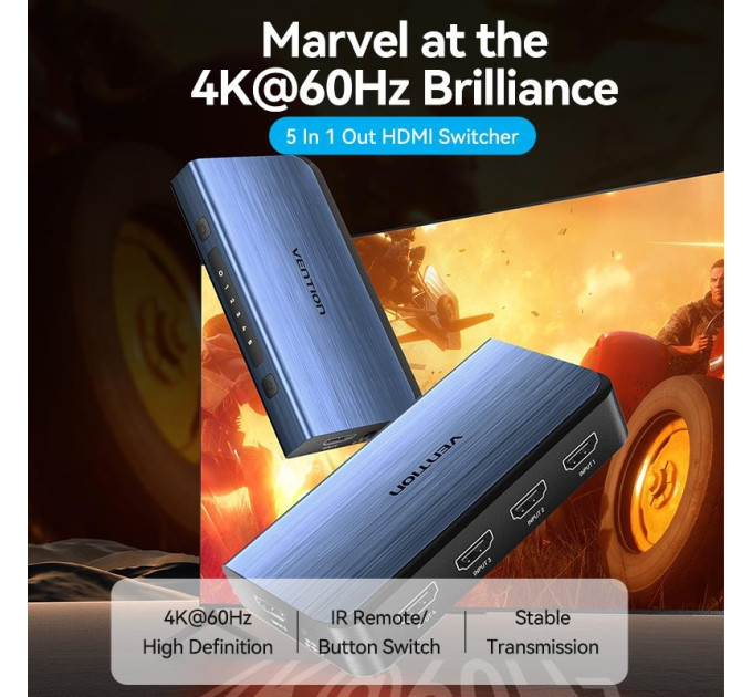 Vention Перемикач HDMI V2.0, 4K 60Гц 1x5 ports, з пультом ДК, голубий,  Vention