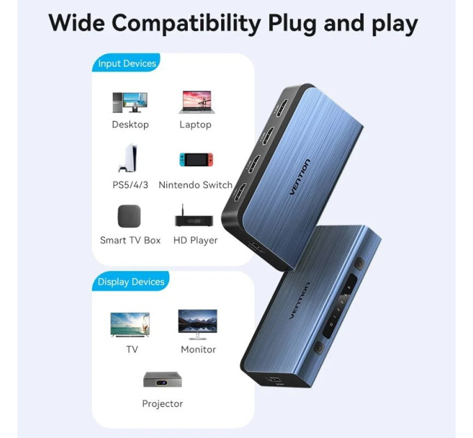Vention Перемикач HDMI V2.0, 4K 60Гц 1x5 ports, з пультом ДК, голубий,  Vention