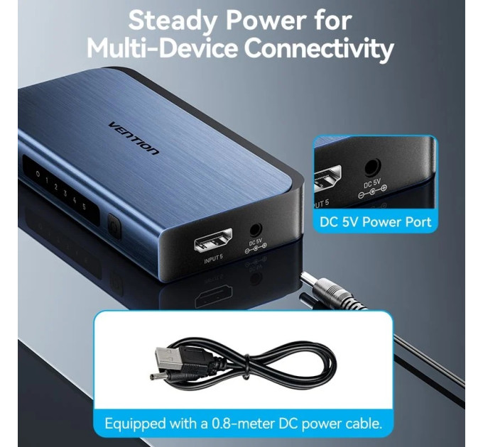 Vention Перемикач HDMI V2.0, 4K 60Гц 1x5 ports, з пультом ДК, голубий,  Vention