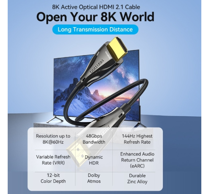 Vention Кабель HDMI M - M, 10.0м, V2.1, Optical 8K 60Гц 48Gbps Dolby 7.1 TPE Black Zinc Alloy Vention