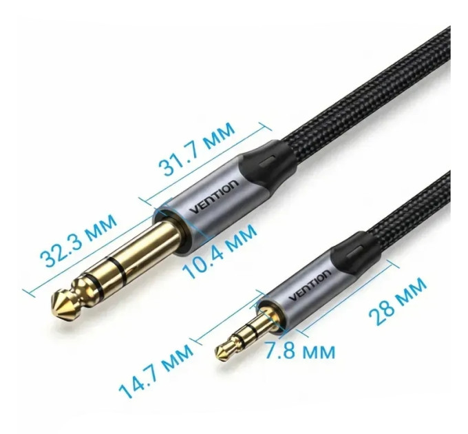 Vention Кабель AUX Audio TRS M-M 3.5мм-6,35мм, 3.0м, сірий, Aluminum Alloy, Vention
