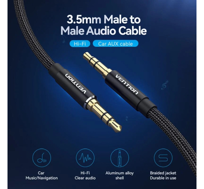 Vention Кабель AUX Audio TRS M/M, 5.0м, чорний, обплетення, Vention