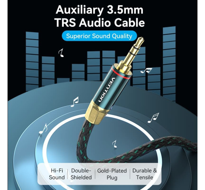 Vention Кабель AUX Audio TRS M/M, 1.0м, Silver-plated, Zinc alloy, зелений, Vention