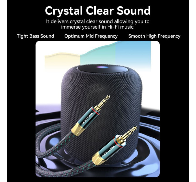 Vention Кабель AUX Audio TRS M/M, 2.0м, Silver-plated, Zinc alloy, обплетення, зелений, Vention