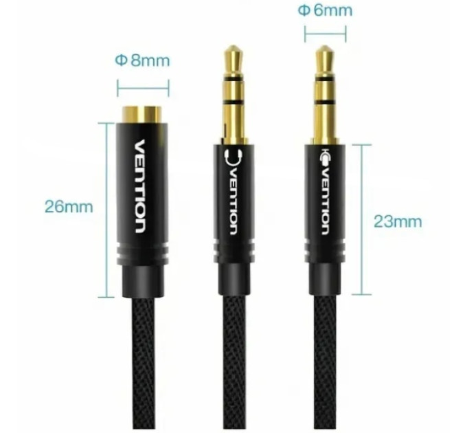 Vention Перехідник Audio Jack TRS F -> 2xM, 1.0м, Cotton braided чорний Vention